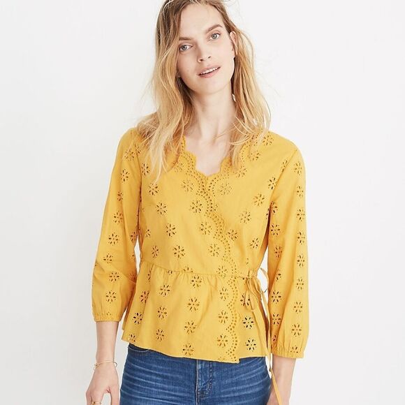 Madewell Tops - Madewell Golden Yellow Scalloped Eyelet Wrap Top Size Medium